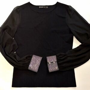 Karen Millen Sweater Black Embellished Chiffon Sleeves Rhinestones Black Medium